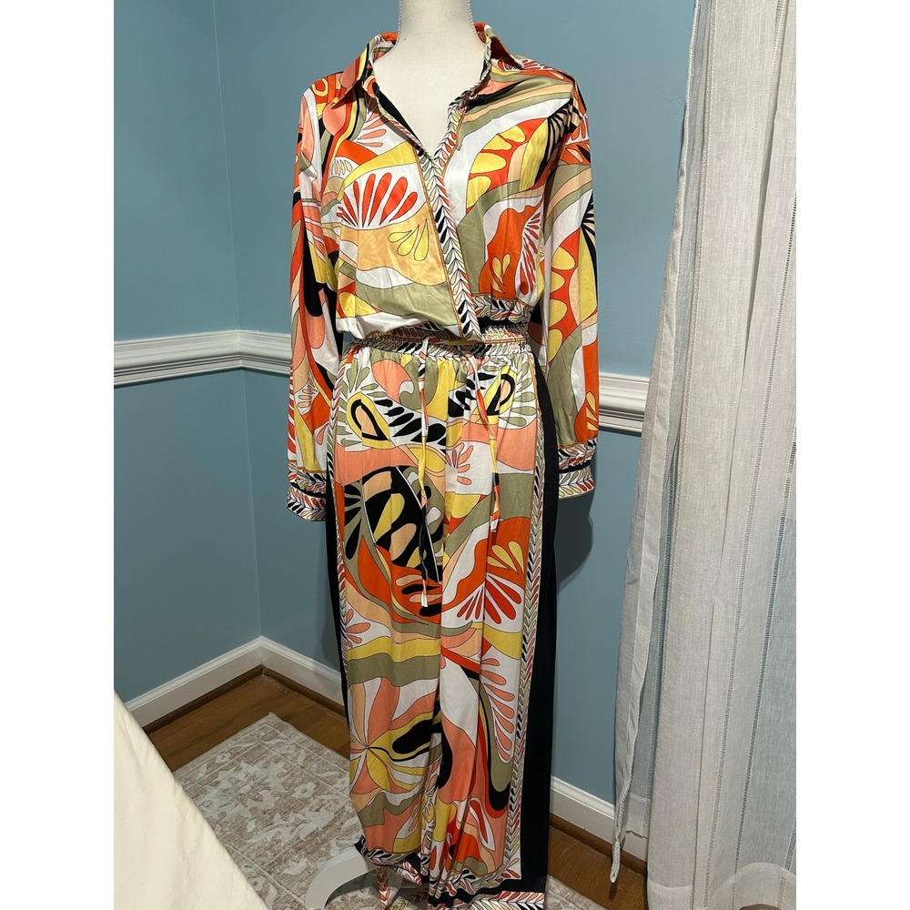 Halfheart Women groovy 60sAbstract Print Wide Leg disco Jumpsuit Size L